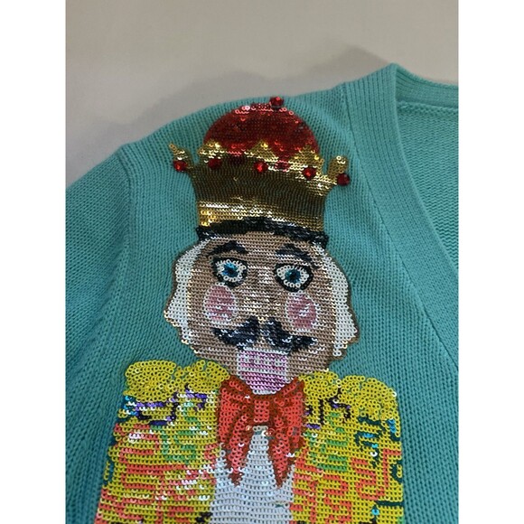 Queen of Sparkles Nutcracker Sequin Cardigan Sweater Teal Button Front – Medium - Picture 7 of 13